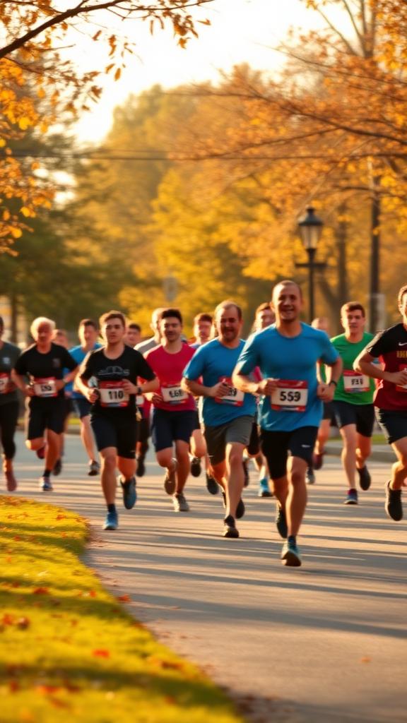 Community 5K runners on an autumn morning