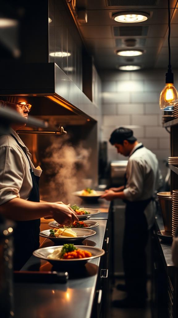 Line cook plating in a small restaurant kitchen