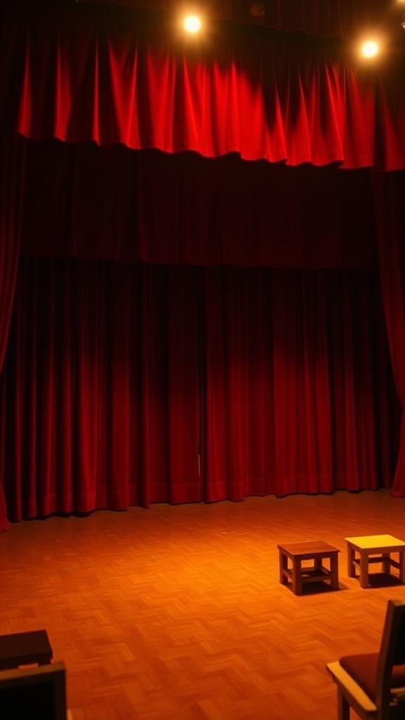 Community theater stage with red curtains